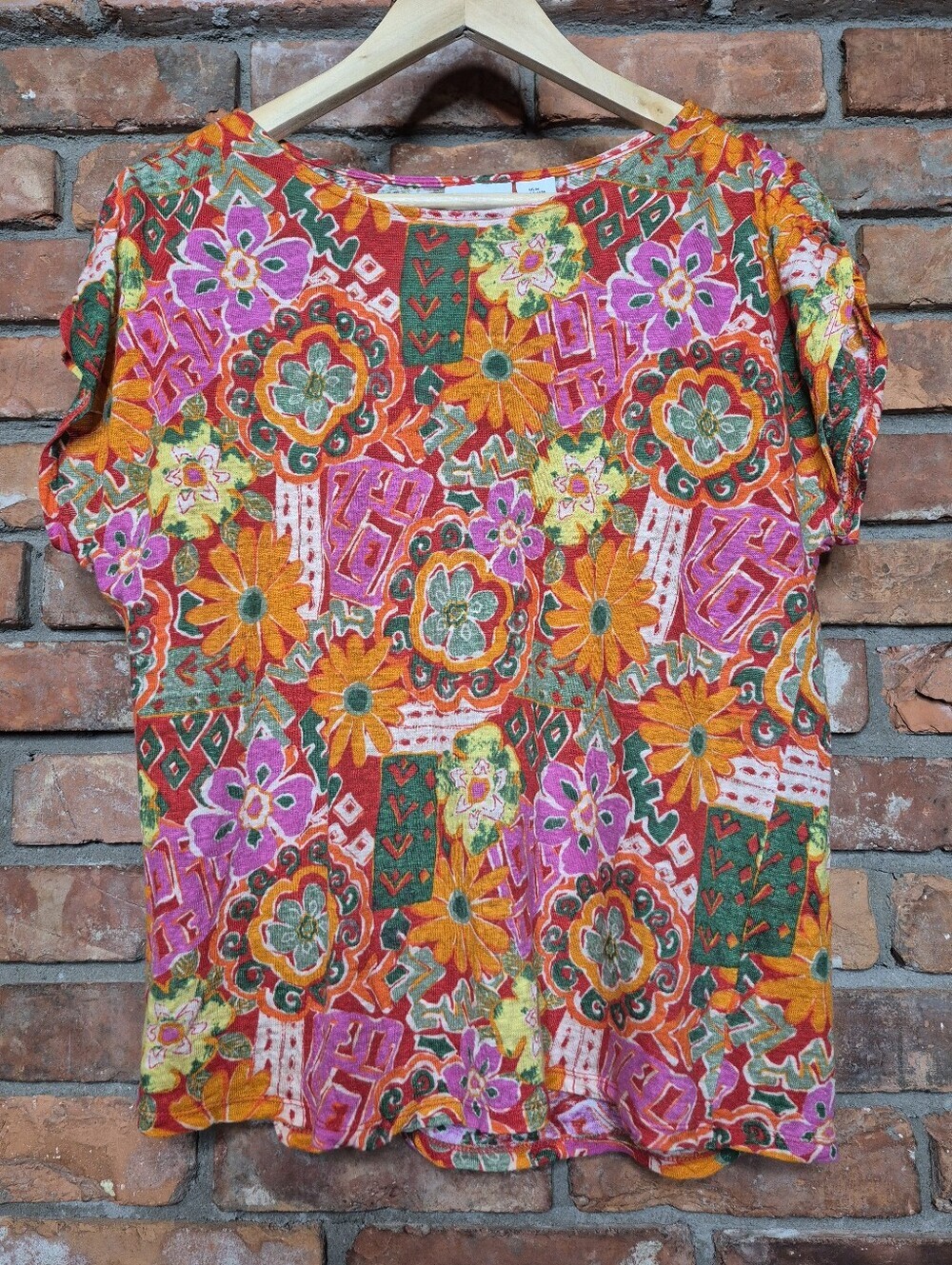 Nicole Miller 100% Linen Floral Bohemian Top Medium Vibrant Art Print